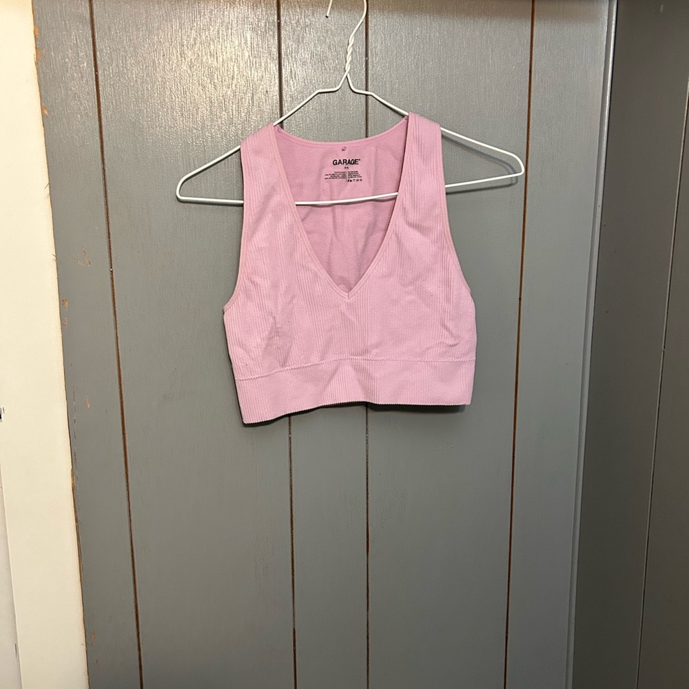 Garage Light Pink Ribbed V-Neck Crop Top